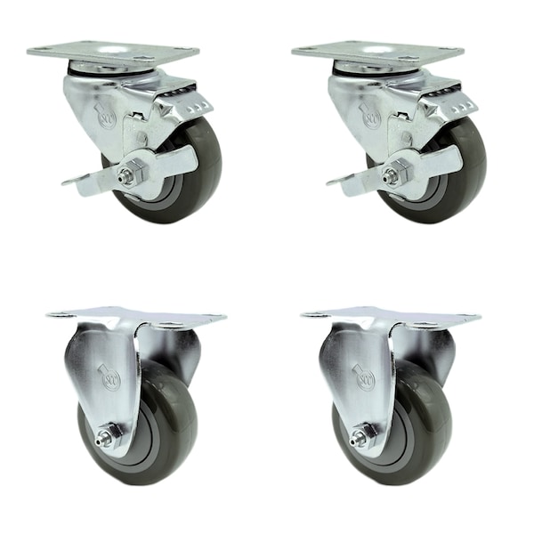 Service Caster 3.5 Inch Gray Polyurethane Swivel Top Plate Caster Set with 2 Brake 2 Rigid SCC SCC-20S3514-PPUB-TLB-2-R3514-2 - main